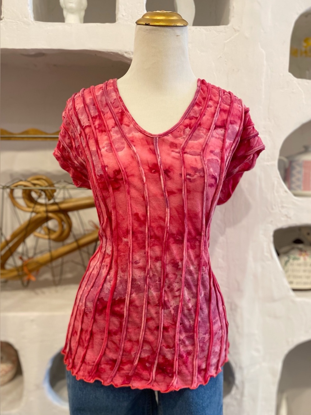 Y2K Dark Pink Ribbed Tie-Dye V-Neck Stretchy Lightweight Short Sleeve Top
